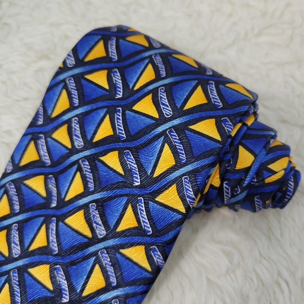 Vintage 90's Silk Necktie Men's Foulard Fence Patrern Blue & Yellow Geometric - Picture 3 of 8